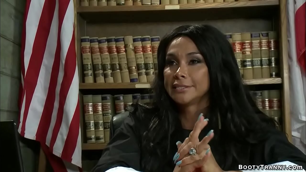 Big tits brunette Latina shemale judge Vaniity seduces offender S Jack in her office and steips off then fucks his mouth and asshole with big cock