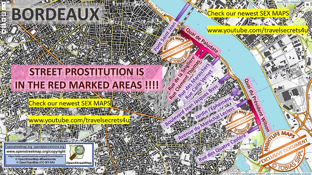 Street Map of Bordeaux, France with Indication where to find Streetworkers, Freelancers and Brothels. Also we show you the Bar, Nightlife and Red Light District in the City