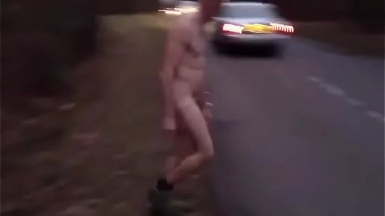 Risky naked outdoor dares next to a busy road in full view of passing cars