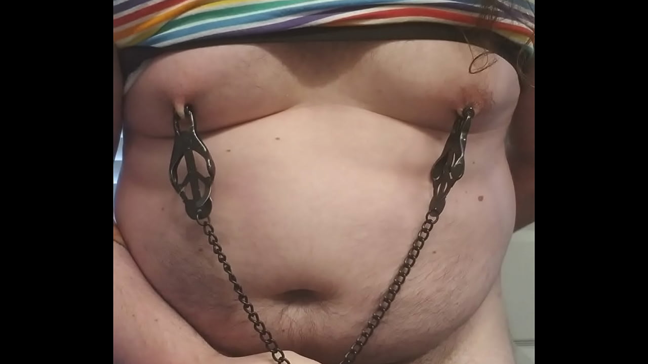 Fat ageplayer playing for wearing nipples clamps