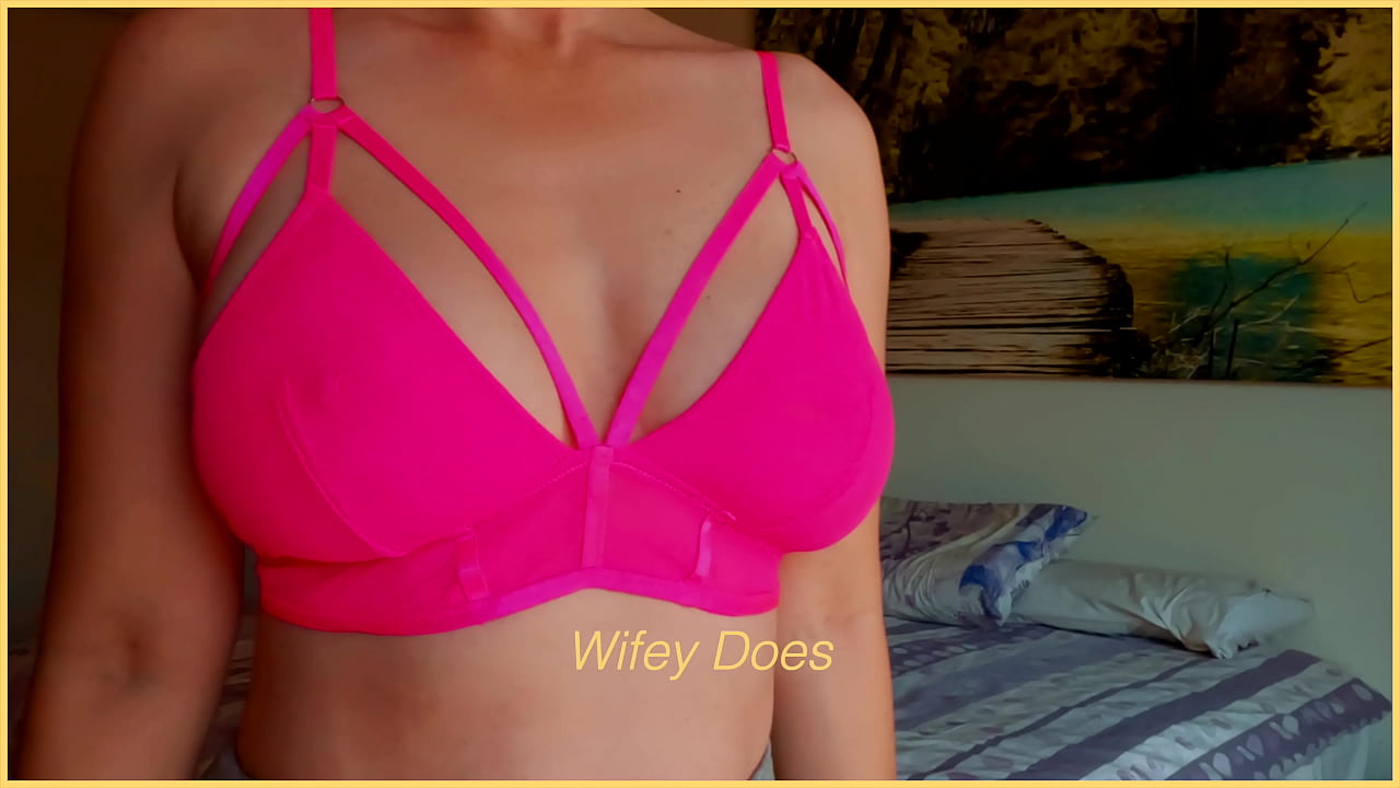 WIFE lingerie try on showing perfect tits in hot PINK bra for maximum cleavage