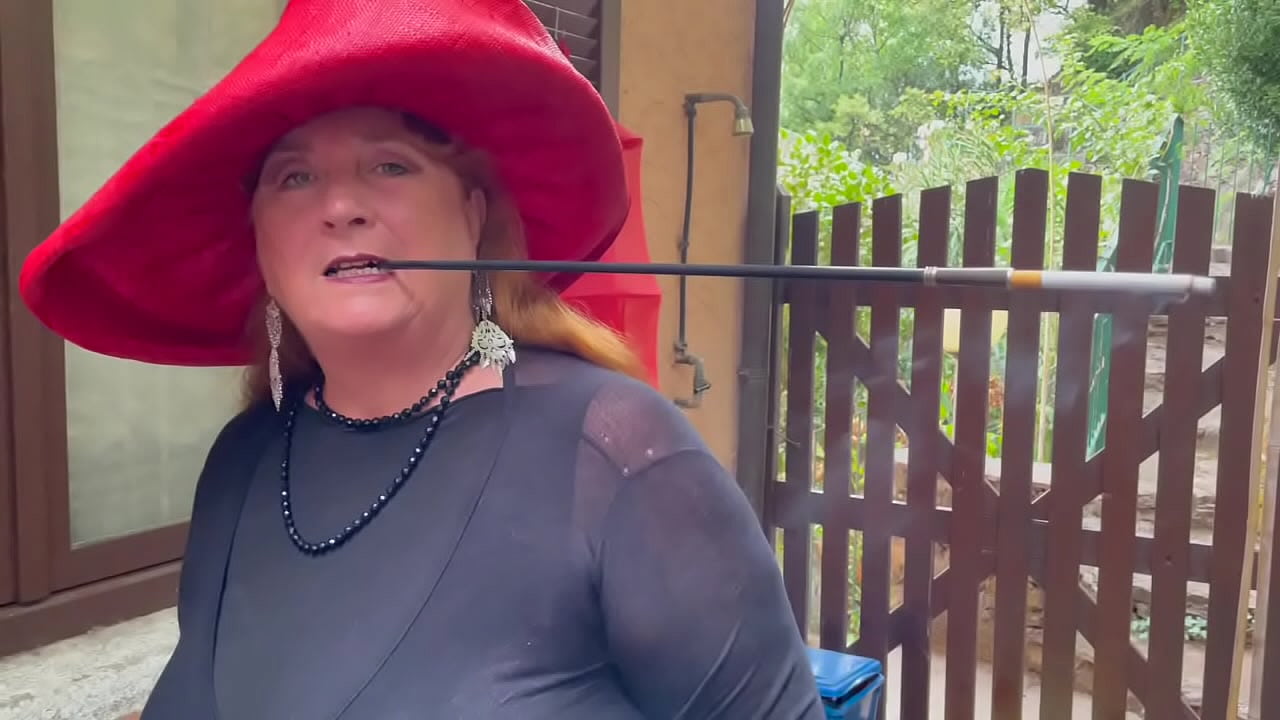 Slut wife Augusta with longest cigarette holder ever- outdoors