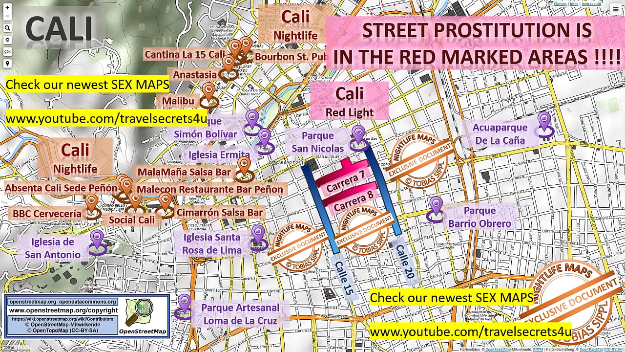 Street Map of Cali, Colombia with Indication where to find Streetworkers, Freelancers and Brothels. Also we show you the Bar, Nightlife and Red Light District in the City