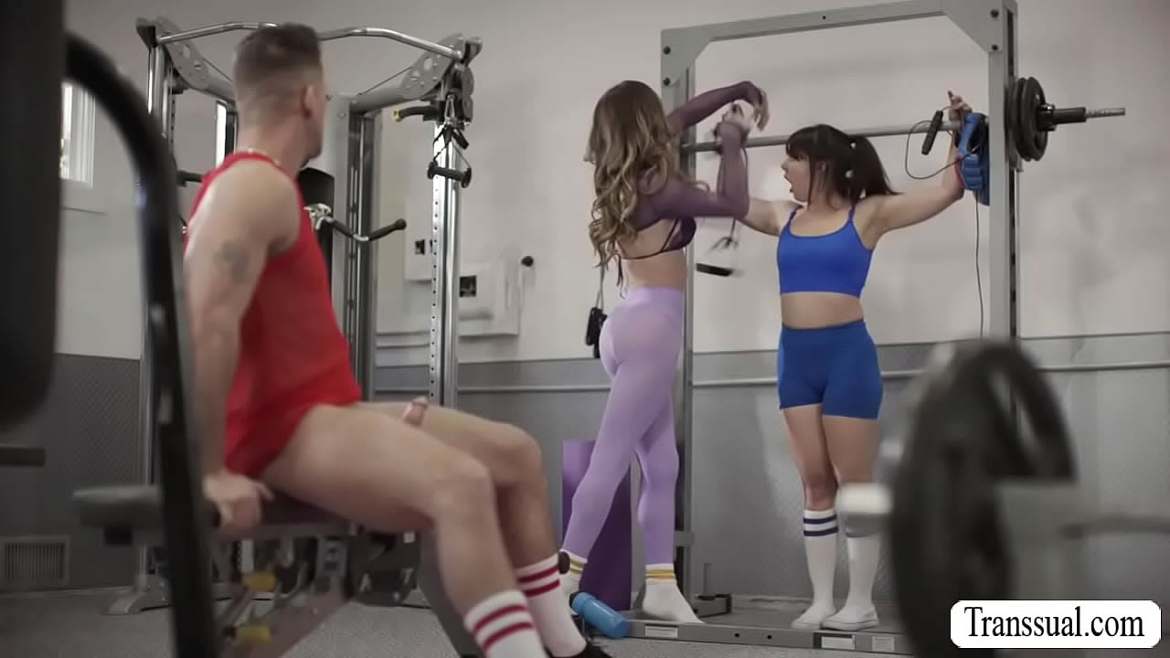 Busty Trans ties up her slut friend for sucking gym instructors cock while friend is watching