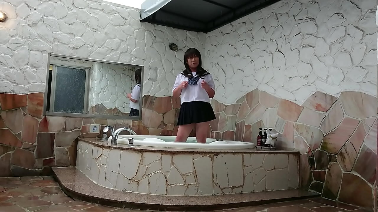 Japanese sissy with Japanese school uniform takes a bath.