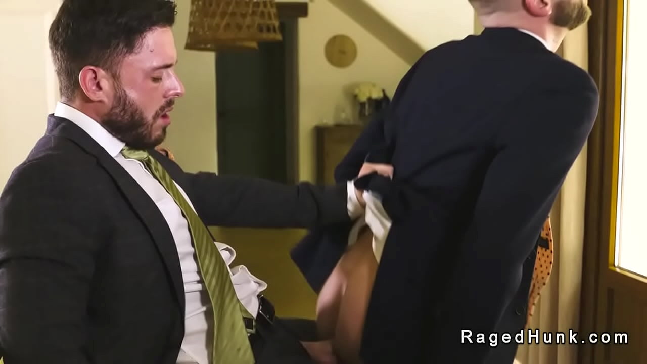 Big cock gay mogul Zac Johnson gets blowjob from beardy real estate agent Manuel Reyes then anal fucks him and makes cum in handkerchief