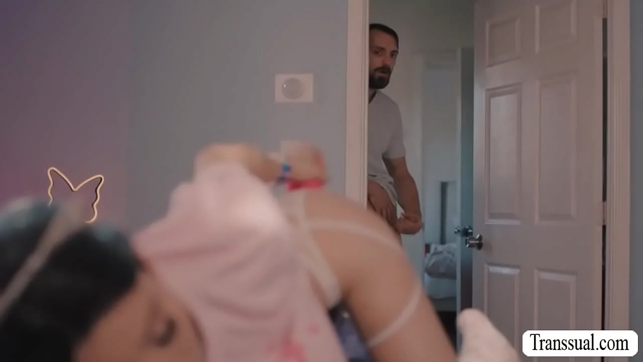 Pervert dude jerks off his dick while watching his shemale stepsister toying her asshole.After that,he enters the room and barebacks her ass.