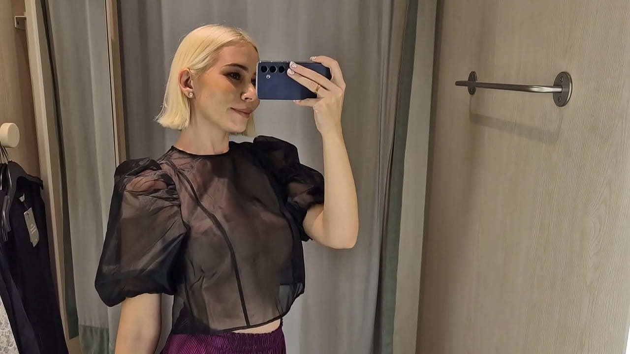 Try on haul transparent and latex clothes in the dressing room. Public fetish