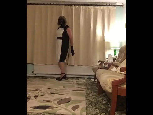 Mask, heels, dress & Gloves - Crossdresser poses In lounge