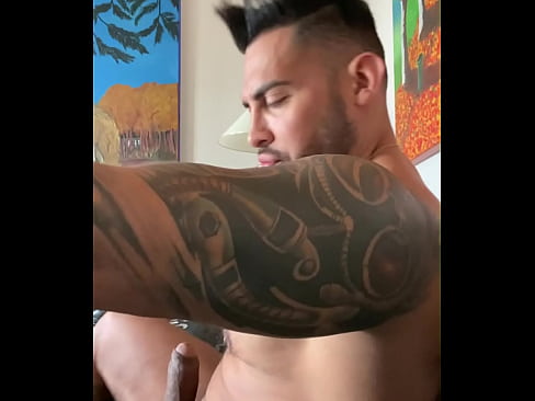 tattooed muscle gay in jeans striptease and masturbate my big cock