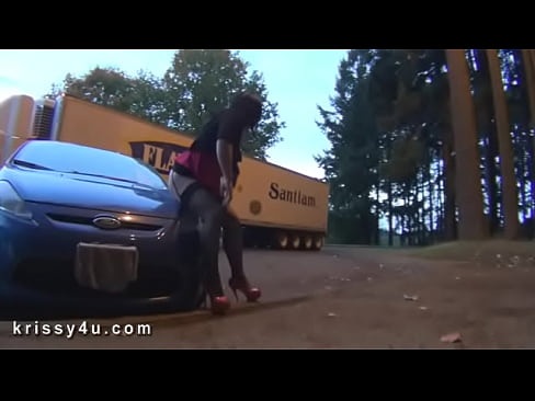 T-Girl public dildo in front of moving trucks n cars