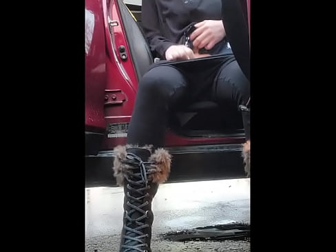 Kinky femboy pisses a huge puddle in public parking lot