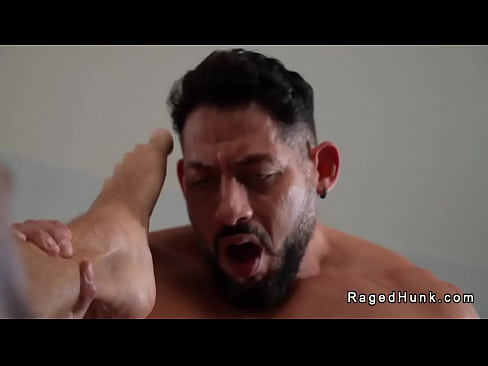 Miguel Rey rimming tight ass of muscle bearded hunk Brogan then shoves hard big cock in his tight ass hole balls deep and fucks him in bed