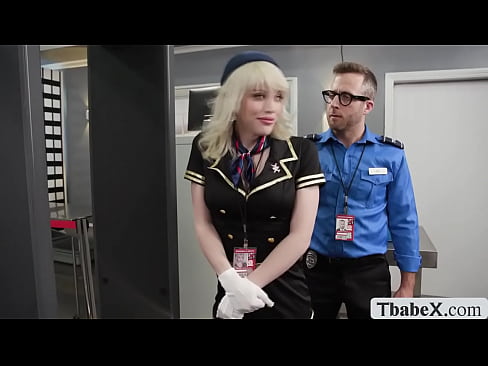 Flight attendant Izzy Wilde gets checked by the airport guard and confiscate the buttplug in her asshole