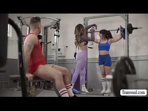 Busty Trans ties up her slut friend for sucking gym instructors cock while friend is watching