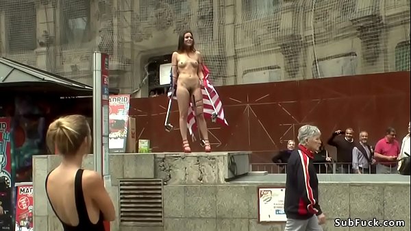 Naked american tourist exhibitionist Juliette March walking with flag on the streets then in underground club double penetration banged and d.