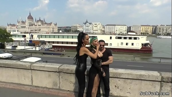 Hot green haired Euro slave Lola in lingerie public d. by mistress Fetish Liza and master John Strong outdoor then in bar gangbang fucked
