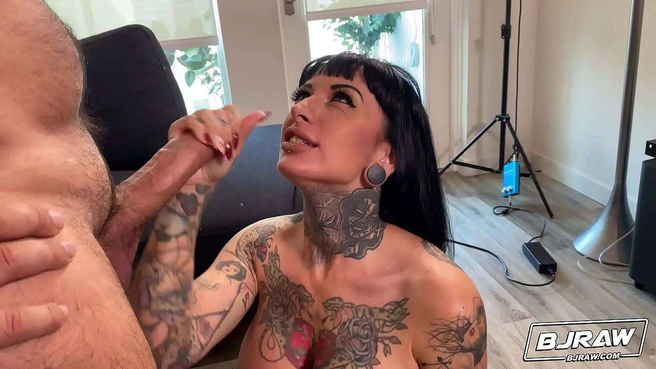 Tattooed beauty with huge tits deepthroats my big dick