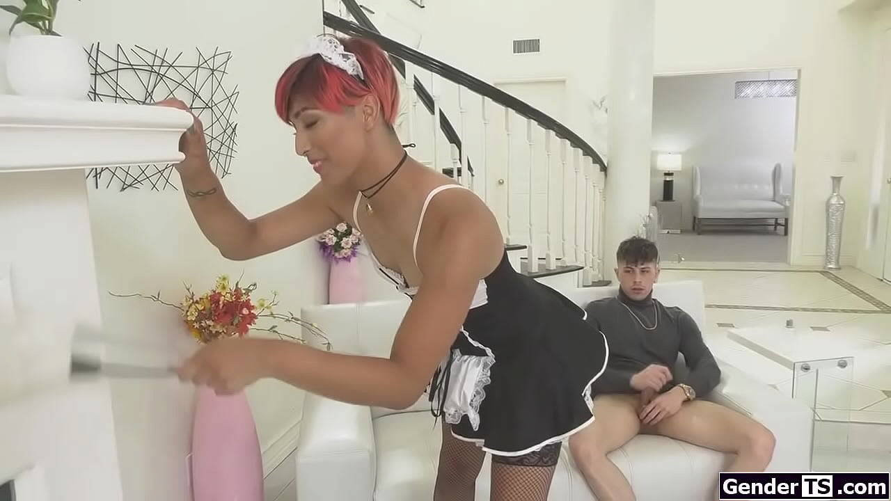 Small tits shemale maid Pixi Lust has her boss jerking off on her.The tgirl grabs his cock and gives a handjob and a bj.The trans is anal barebacked