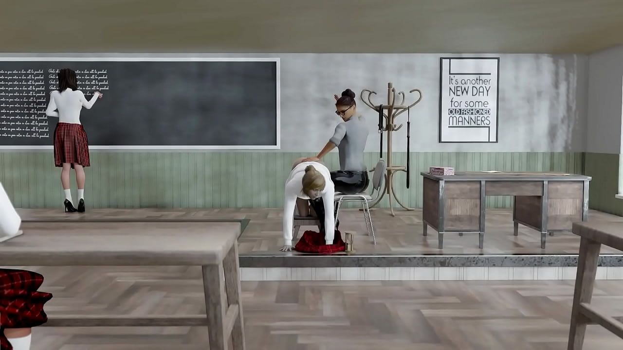 Animation: female student spanked before audience