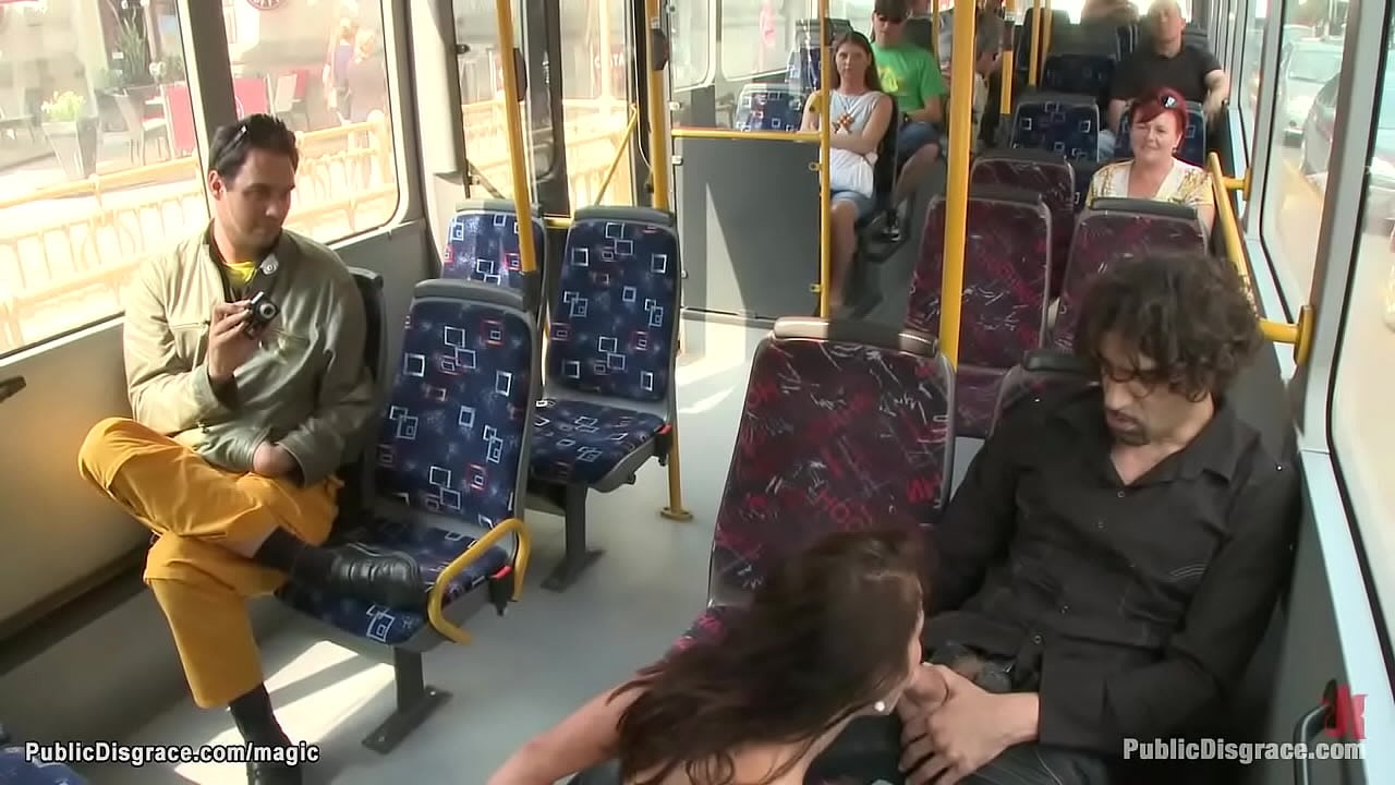 Beautiful Euro brunette babe gives blowjob in bus