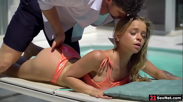 21SexNet.com - A guy joins his blonde friend on the side of the pool.He removes her top then fingers her ass.The teen blowjobs him then bends over for an anal sex.