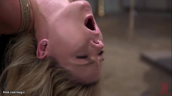 Bound for torso and hips with ankles tied to spreader bar in horizontal suspension with face to ceiling Lisey Sweet whipped then bent over fucked by master Derrick Pierce 