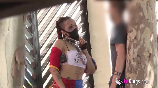Punk Harley Quinn cosplayer bangs guys she meets in the street 