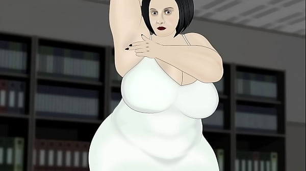 BBW massage butt in white dress in office 