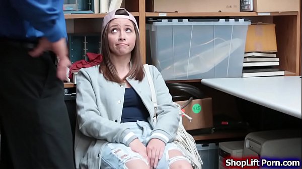 Teen brunette is arrested by store officer for stealing l. in the store.The officer brings her into the office and the officer finds the bottle inside her purse.He pulls out his cock and she then throats it before the officer fucks her pussy.  