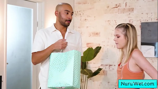 Sensual and sexy blondie teenager massage girl rub her naked wet body on her customer  