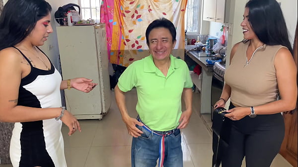 FFM THREESOME - Two busty and big-assed stepdaughters celebrate their stepdad's birthday with delicious sex