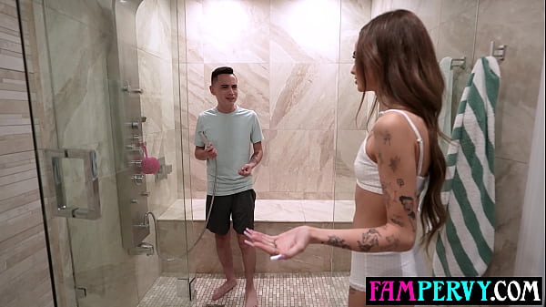 Stubborn small tits stepsis shares shower with step brother and fucks him