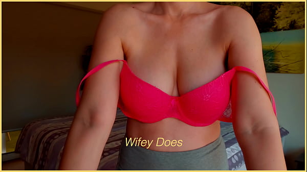 WIFE lingerie try on showing perfect tits in pink bra with sexy lace 