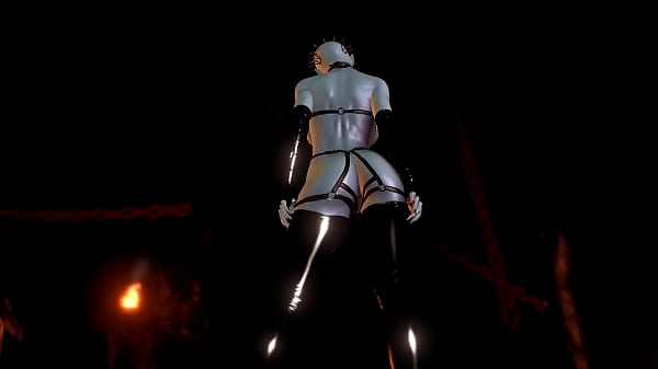 Mature busty Pinhead women in latex outfit posing alone in hell cave  
