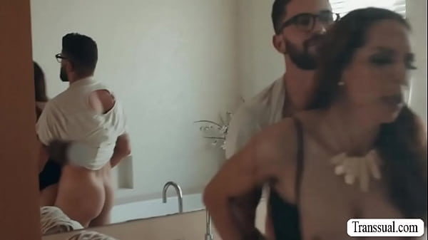 TS stepmom saw her stepson jerking off while shes masturbating in the bathroom.Instead of getting mad,she lets him bareback her ass so hard. 
