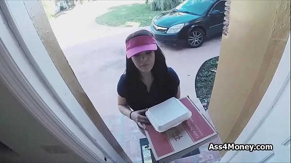 Broke pizza delivery chick bends for cock and cash  
