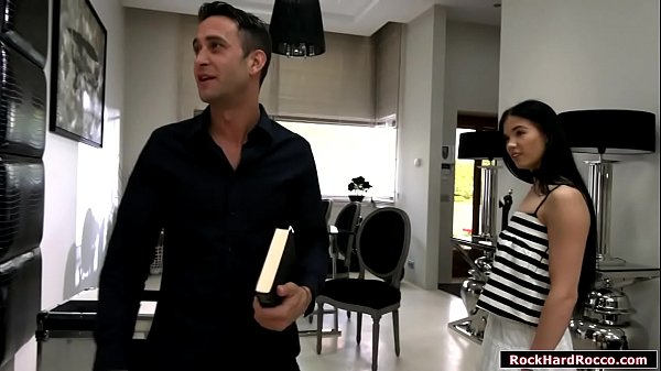 Teen brunette doesnt like studying english and that makes her tutor angry with her.But she convinces him to have sex.They start kissing and she then throats her tutors big cock.In return her tutor licks her ass first before he fucks it deep and hard.  