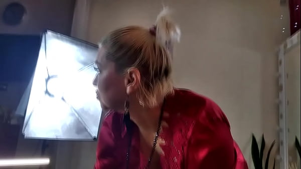 Mature Slut Wife in a red satin negligee, with a ponytail on her head and a dick in her mouth ...))