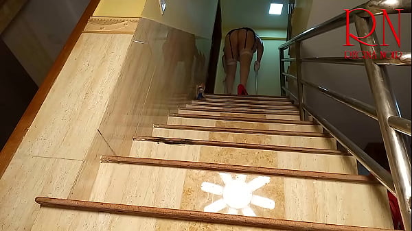 Depraved maid cleans the stairs of a large house. Regina Noir pussy show. f