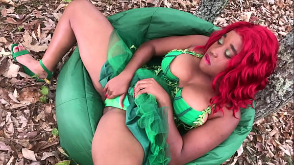 Sexy thick ebony plays with her pussy outdoors in costume 
