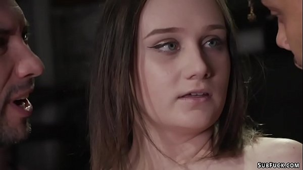 Hot brunette slut Gwen Viscious in strait jacket gets gagged throat fucked by big dicks then in rope bondage double penetration fucked