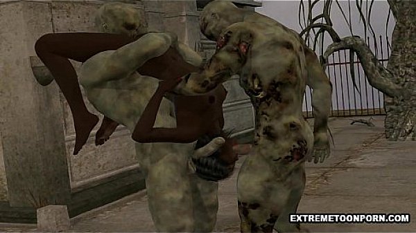 3D ebony babe double teamed outdoors by some zombies