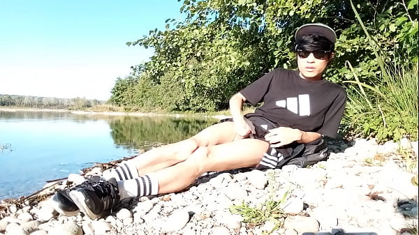 Sexy twink jerks off, cums on his leg, Jon Arteen is a sexy Asian boy who wears an Adidas black tshirt, short short, white socks, sneakers 