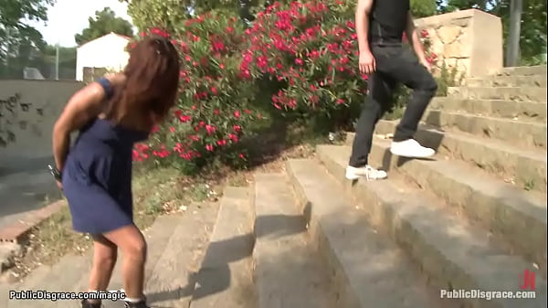 Spanish brunette slut Sara May is gagged with own panties and dress over her head public humiliated and flogged in the streets by master James Deen