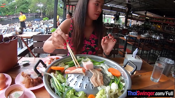 Busty Thai girlfriend sucks and rides her boyfriends big cock after dinner