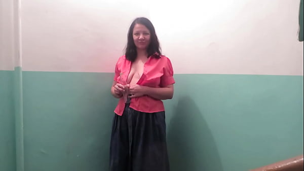 Chubby milf loves to fuck her pussy with objects in public places in the toilet in the entrance, and smoke 