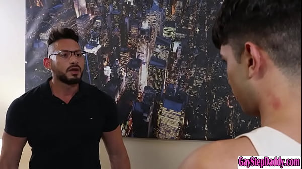 Attidude Gay stepson argue with his stepdad on the couch,after that,his stepdad get naked and lets him suck his dick passionately 