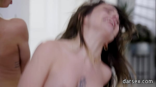 Lovely girls sharing huge dick and lick hairy pussies in hot three-way fuck party