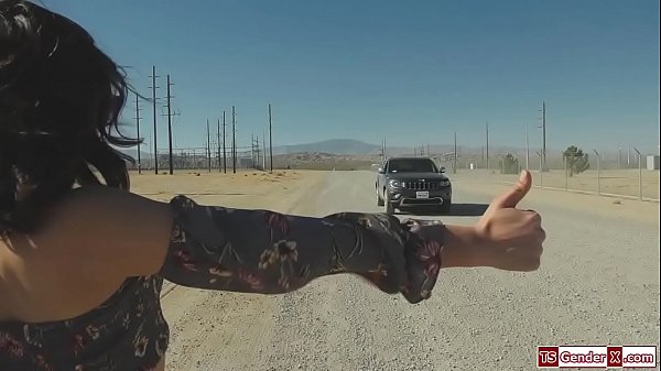 Tgirl Valentina Mia is a hitchhiker and a guy picks her up.The trans thanks him by kissing him and he sucks her tits.He asslicks her and barebacks her
